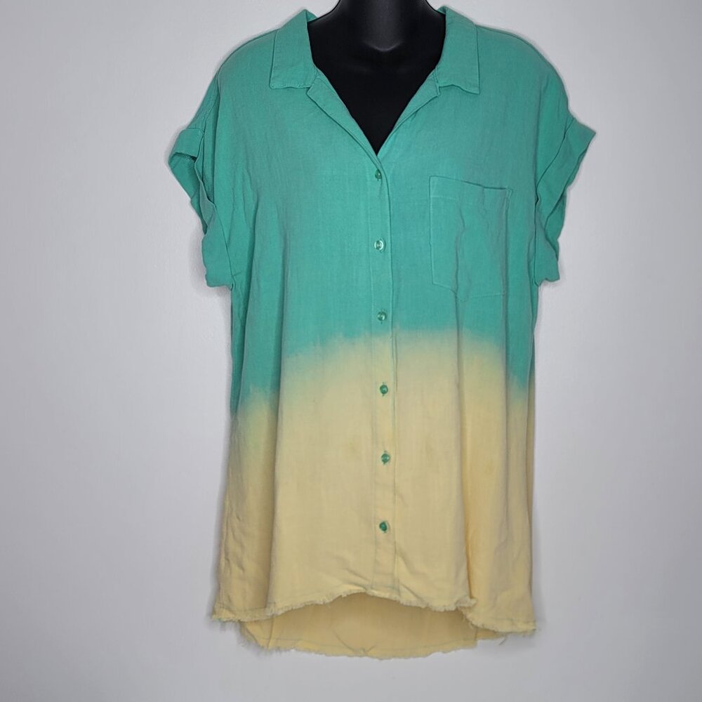 Umgee Womens Shirt Sz Small Linen Blend Beach Top Button Blouse Short Sleeve